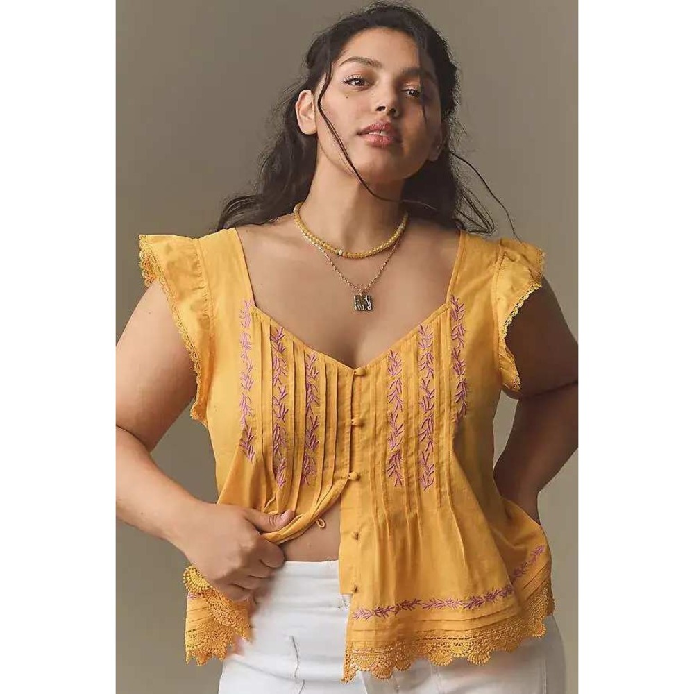 Maeve Mustard Embroidered Cotton Flutter Sleeve Top M Cottage Coquette  Romantic